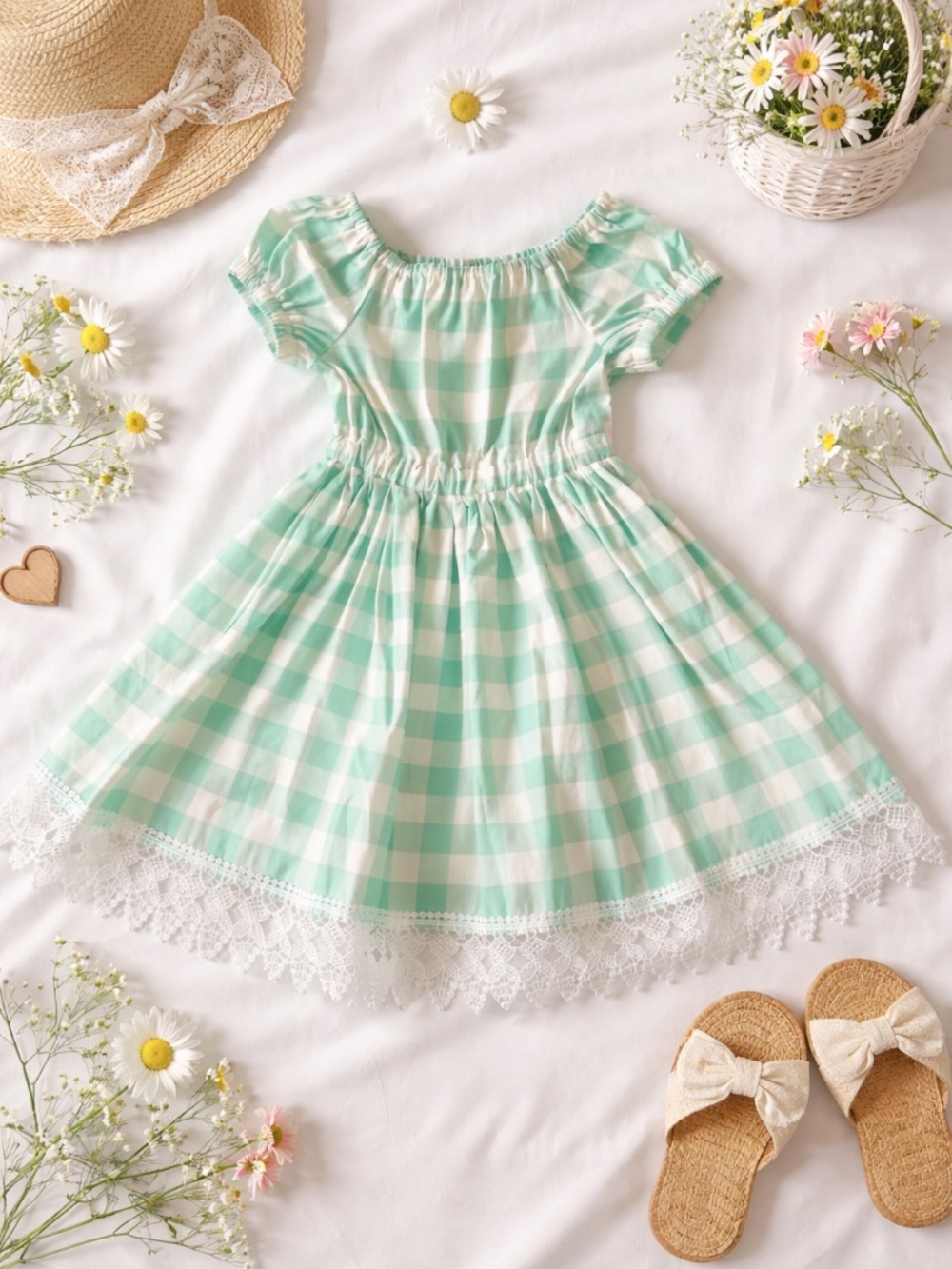 Girls Green White Cottagecore Party Dress Gingham Picnic 4T